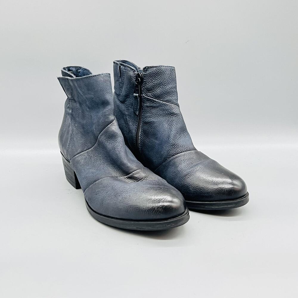 Miz Mooz Boots Womens 7.5 Blue Leather Ankle Zip Low Block Heel Booties Shoes